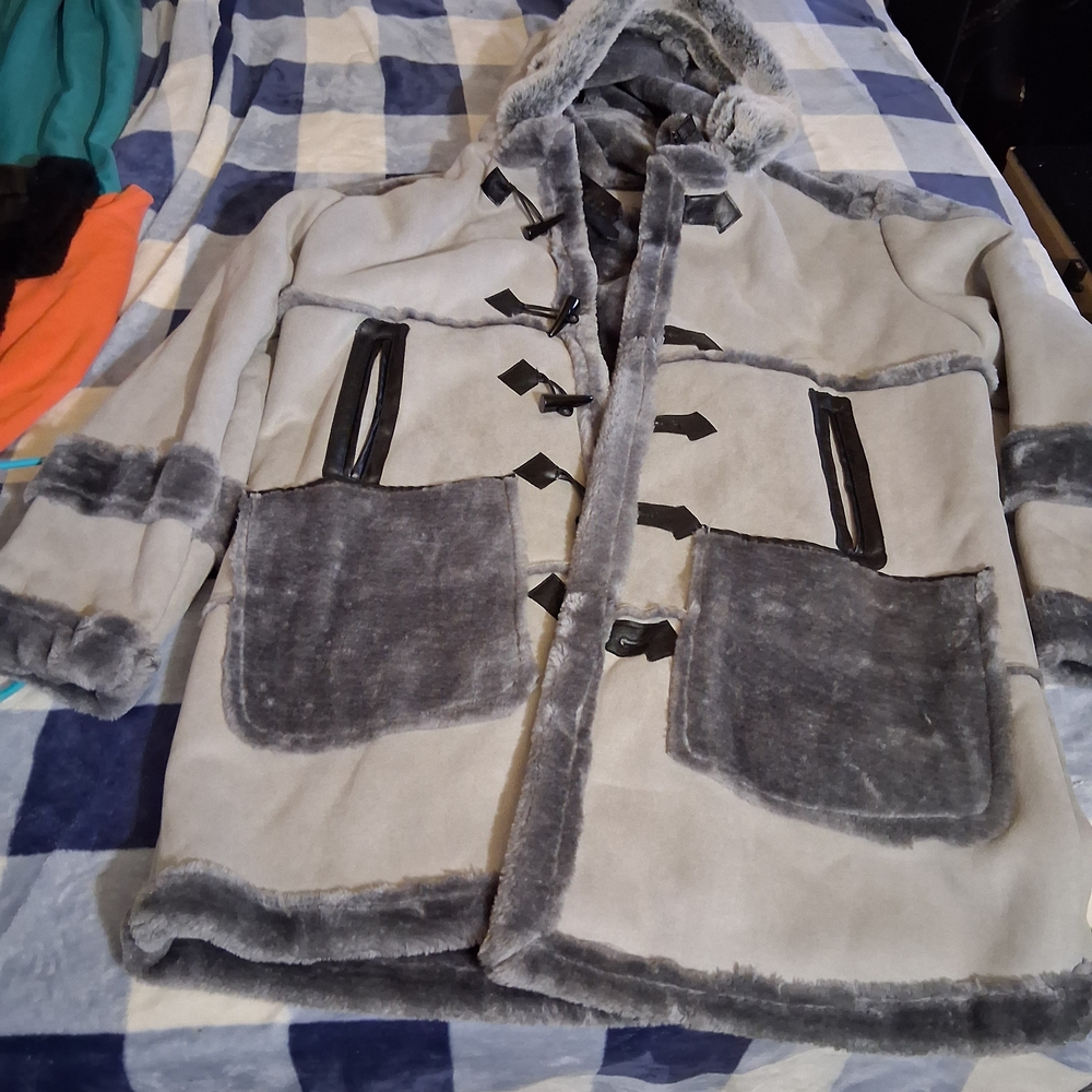 Gray Hooded Toggle Coat with Faux Fur Trim